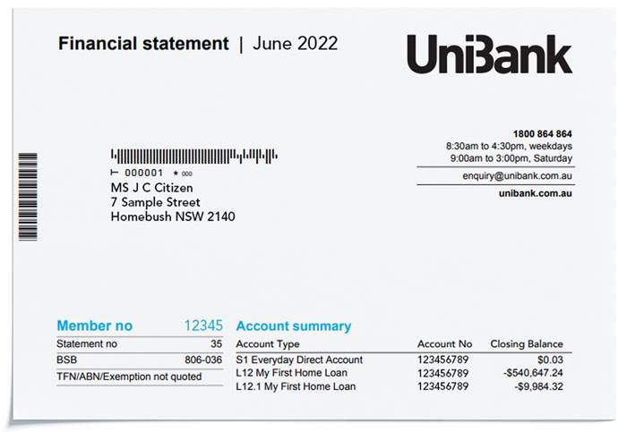 A sample financial statement showing where you can find your account number.